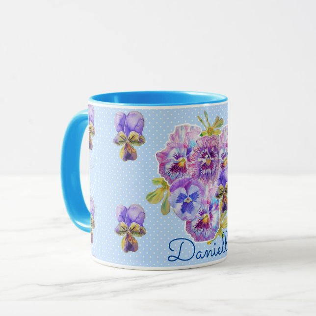 Shabby Chic Blue Pansy Floral Polka Dot Tasse (Vorderseite Links)
