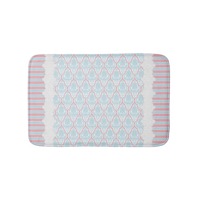 Shabby Chic Blue & Pink Damask Badematte (Vorderseite)
