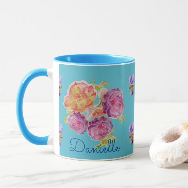 Shabby Chic Blue Rose Floral Viola Blume Tasse (Mit Donut)