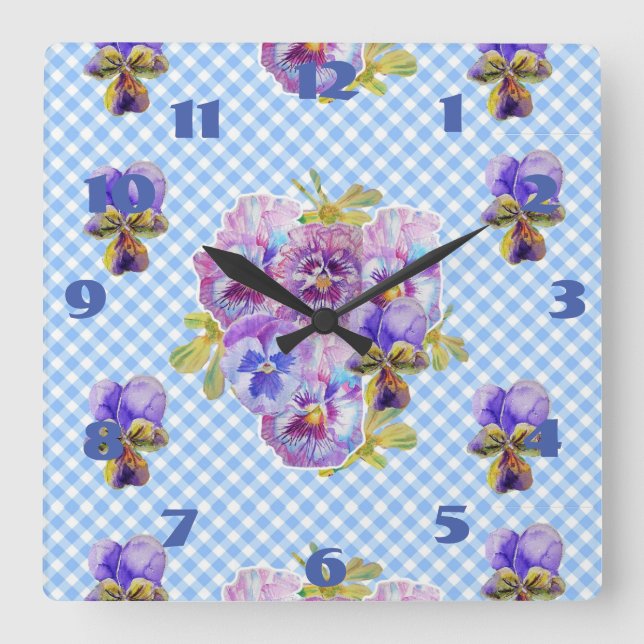 Shabby Chic Blue Stiefmütterchens Pansy Floral Kar Quadratische Wanduhr (Vorderseite)