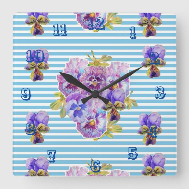 Shabby Chic Blue Strip Pansy Blume Florenz Quadratische Wanduhr (Vorderseite)