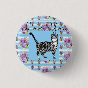 Shabby Chic Blue Strip Tabby Cat Liebe Herz Button