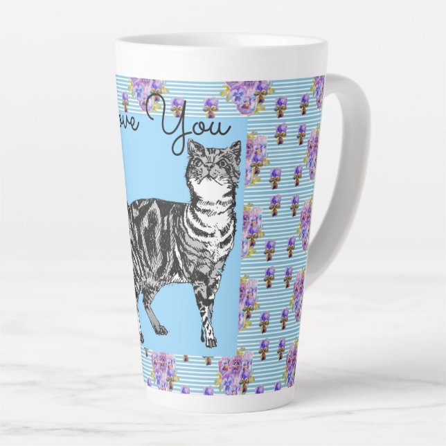 Shabby Chic Blue Strip Tabby Cat Liebe Herz Milchtasse (Rechte Ecke)