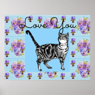 Shabby Chic Blue Strip Tabby Cat Liebe Herz Poster
