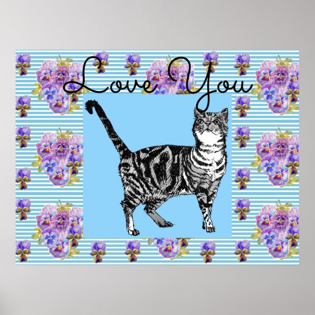 Shabby Chic Blue Strip Tabby Cat Liebe Herz Poster (Vorne)