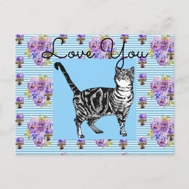 Shabby Chic Blue Strip Tabby Cat Liebe Herz Postkarte (Vorderseite)