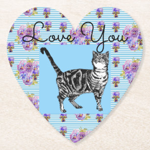 Shabby Chic Blue Strip Tabby Cat Liebe Herz Untersetzer