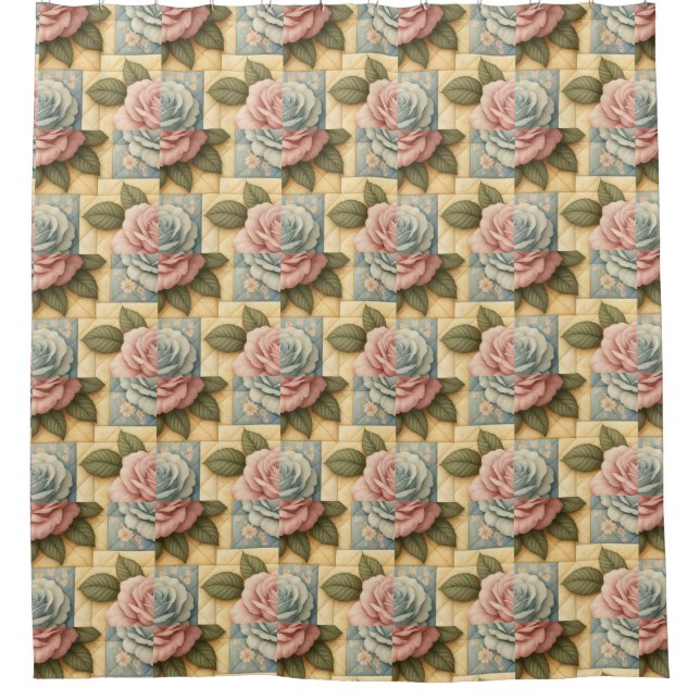 Shabby Chic Blumenfalsche Steppdeckenmuster Duschvorhang (Vorderseite)