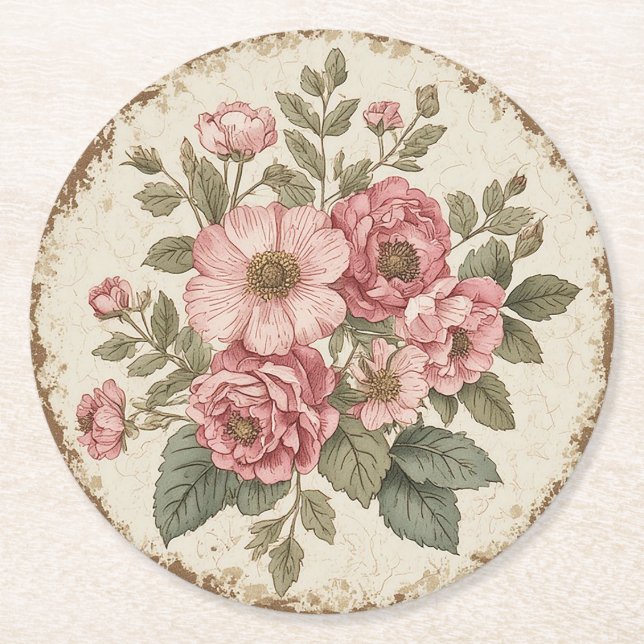 Shabby Chic Blumenmuster Runder Pappuntersetzer (Vorderseite)
