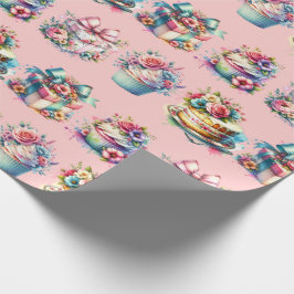 Shabby Chic Blumenrosa und Blauer Geburtstag Geschenkpapier