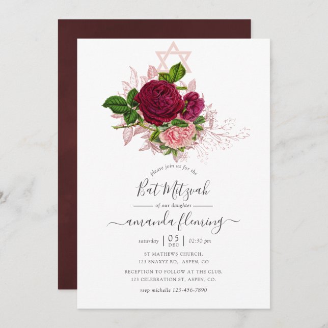 Shabby-Chic Blush und Burgund Bat Mitzvah Einladung (Vorne/Hinten)