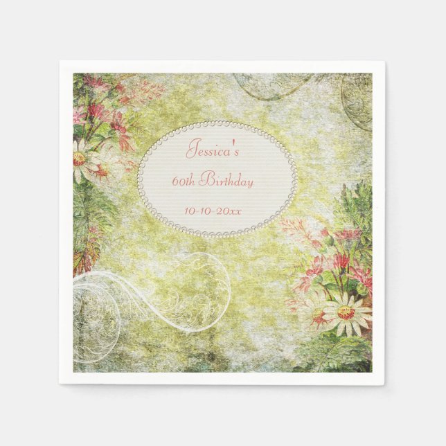 Shabby Chic-Bonbon-60. Geburtstag u. Wildblumen Serviette (Vorderseite)