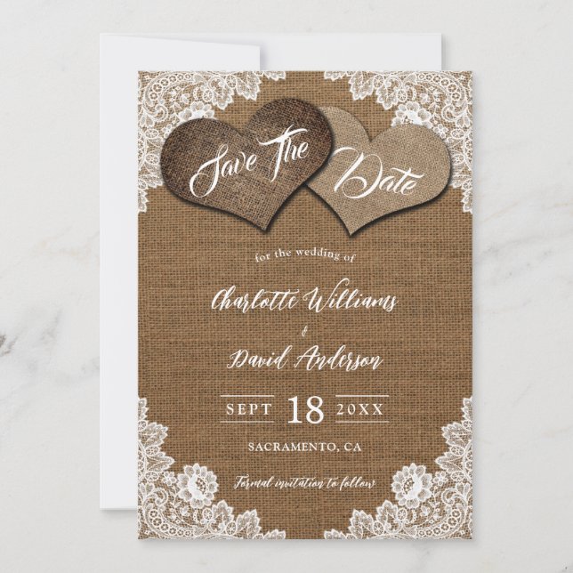 Shabby Chic Burlap Floral Lace Country Wedding Save The Date (Vorderseite)