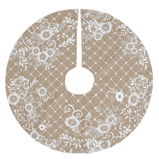 Shabby Chic Burlap & Lace Tree Skirt Polyester Weihnachtsbaumdecke (Vorderseite)