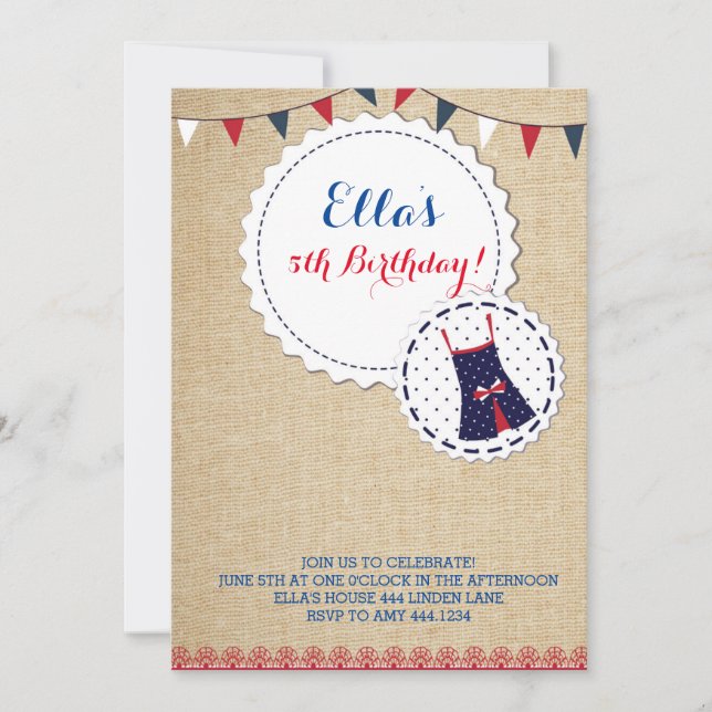 Shabby Chic Burlap Navy Roter Geburtstag Einladung (Vorderseite)