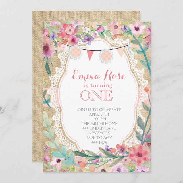 Shabby Chic Burlap Pink Geburtstagseinladungen Einladung (Vorne/Hinten)