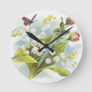 Shabby Chic Butterfly, Roses & Lily of the Valley Runde Wanduhr