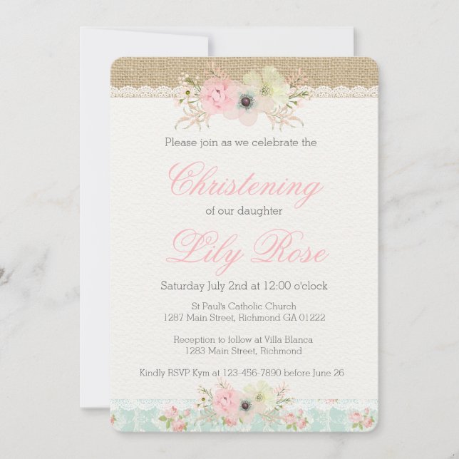 Shabby Chic Christening/Taufe Einladung (Vorderseite)
