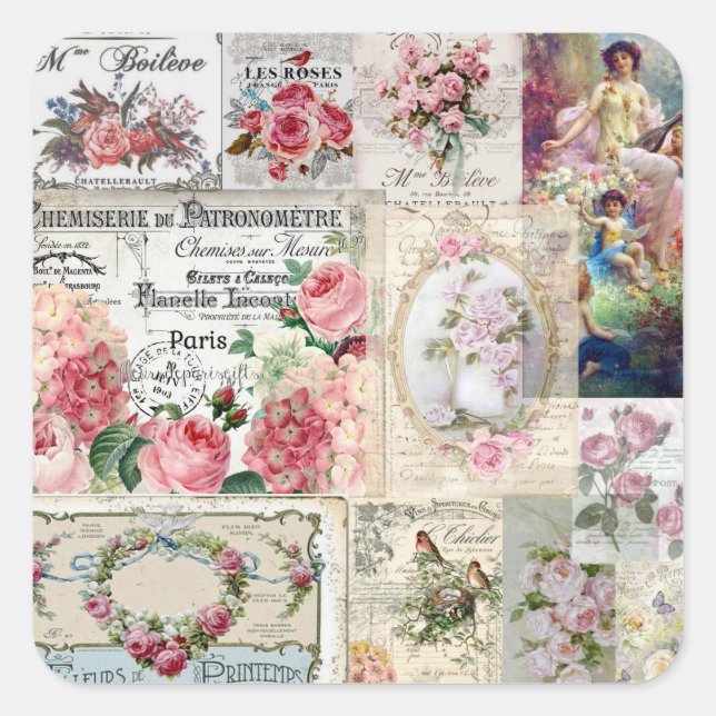 Shabby chic collage,country victorian,decoupage, b quadratischer aufkleber (Vorderseite)