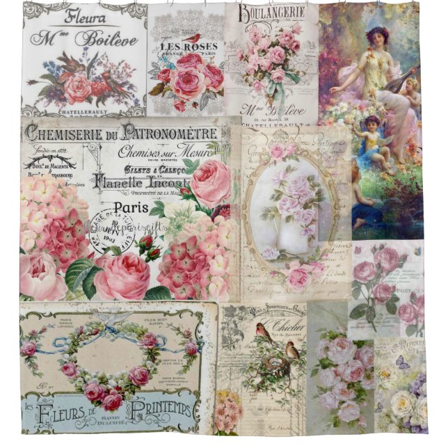 Shabby Chic-Collage, Land viktorianisch, Decopage, Duschvorhang (Vorderseite)