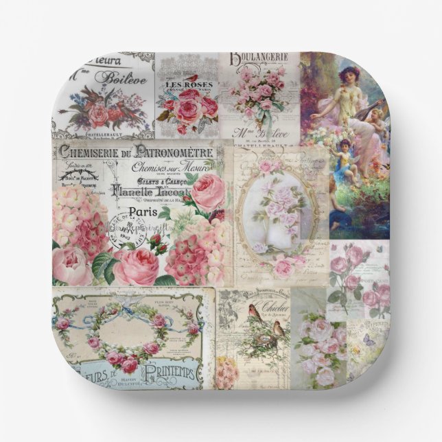 Shabby Chic-Collage, Land viktorianisch, Decopage, Pappteller (Vorderseite)