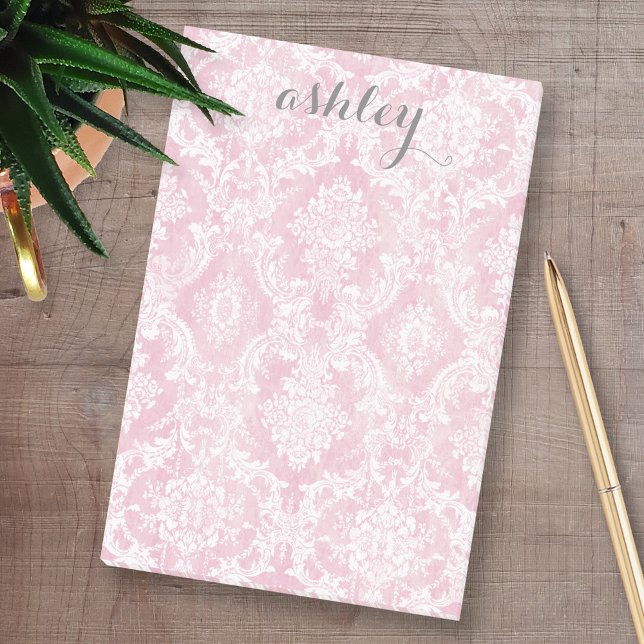 Shabby Chic Damask Muster Pastellfarben Rosa Graue Post-it Klebezettel (Custom Post-it Note Pads - Add your name and other text)