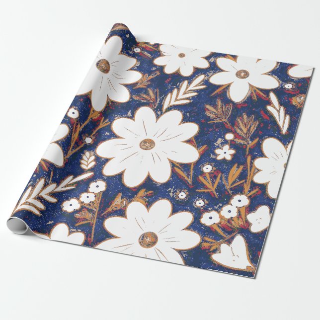 Shabby Chic Deep Blue White Retro Daisy Muster Geschenkpapier (Ungerollt)