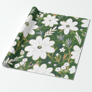 Shabby Chic Deep Green White Retro Daisy Muster Geschenkpapier