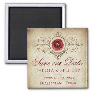 Shabby Chic   Deep Red Grunge Rose Save the Date Magnet