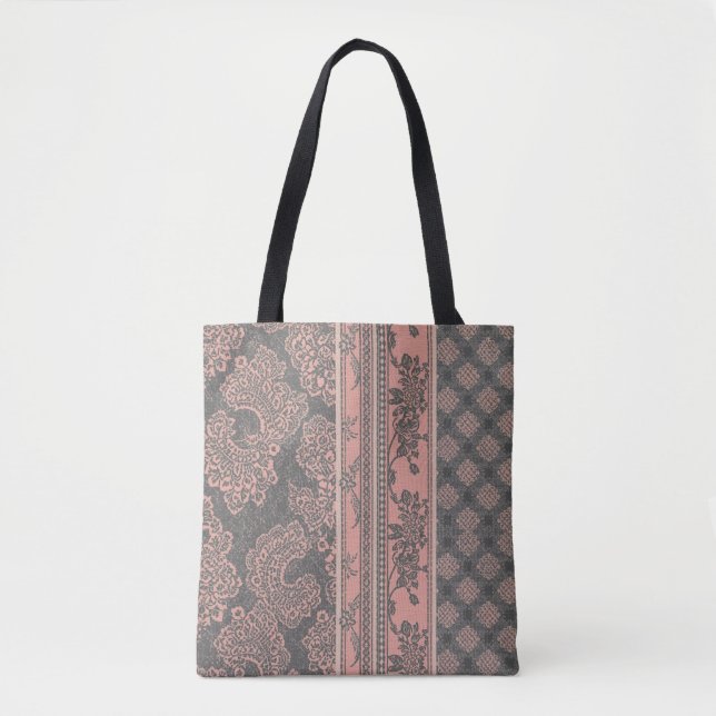 Shabby Chic Dusty Rose Pink Grau Damast Patchwork (Vorderseite)
