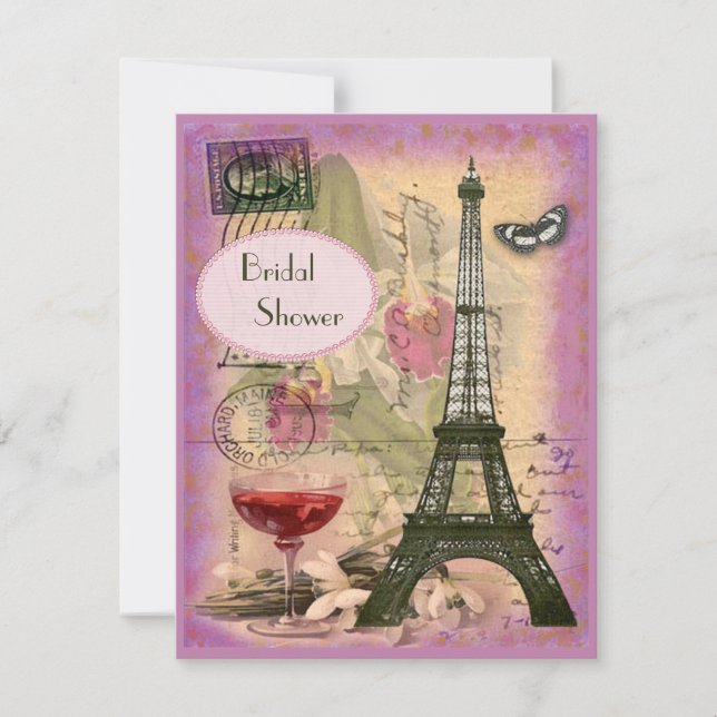 Shabby Chic Eiffel Tower & Red Wine Brautparty Einladung (Vorderseite)
