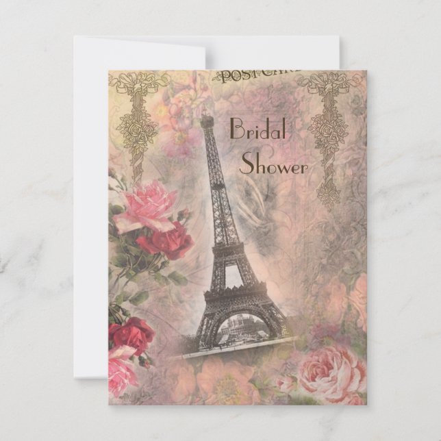 Shabby Chic Eiffel Tower & Rose Brautparty Einladung (Vorderseite)