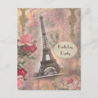 Shabby Chic Eiffel Tower & Rose Geburtstagsparty Einladung
