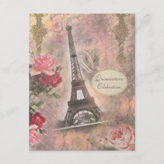 Shabby Chic Eiffel Tower & Rose Quinceanera Einladung