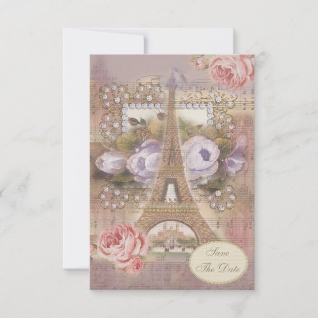 Shabby Chic Eiffel Tower Save the Date Einladung (Vorderseite)