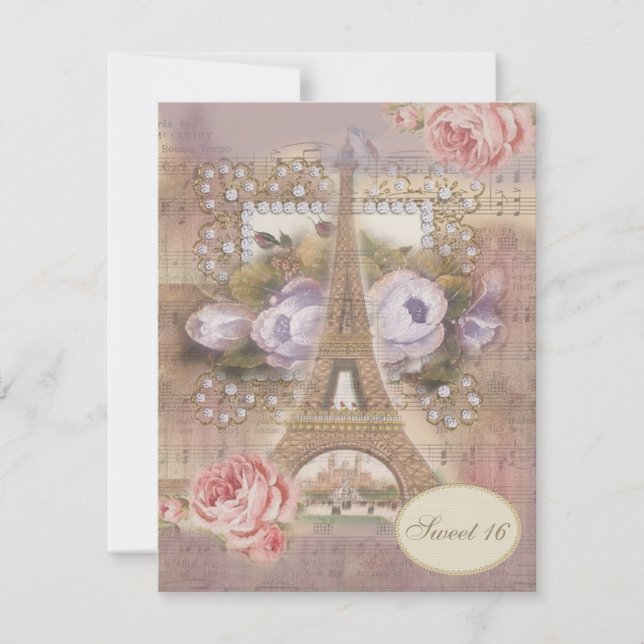 Shabby Chic-Eiffel-Turm-Blumenbonbon 16 Einladung (Vorderseite)
