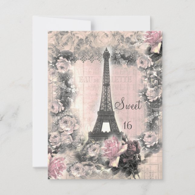 Shabby Chic-Eiffel-Turm u. Rosen-Bonbon 16 Einladung (Vorderseite)