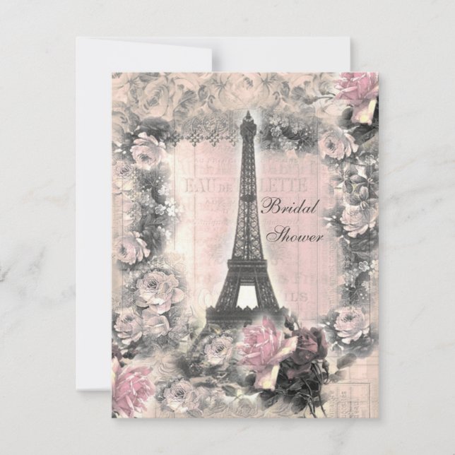Shabby Chic-Eiffel-Turm u. Rosen-Brautparty Einladung (Vorderseite)