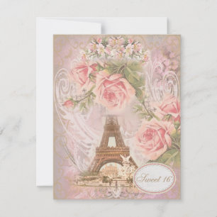 Shabby Chic Eiffelturm Rosa Blumenkraut 16 Einladung