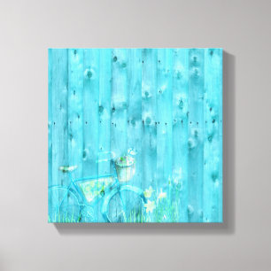 Shabby Chic Fahrrad auf blauem Holz Hintergrund Leinwanddruck