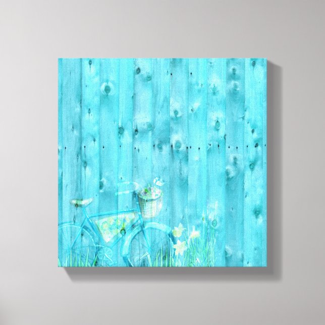 Shabby Chic Fahrrad auf blauem Holz Hintergrund Leinwanddruck (Vorderseite)