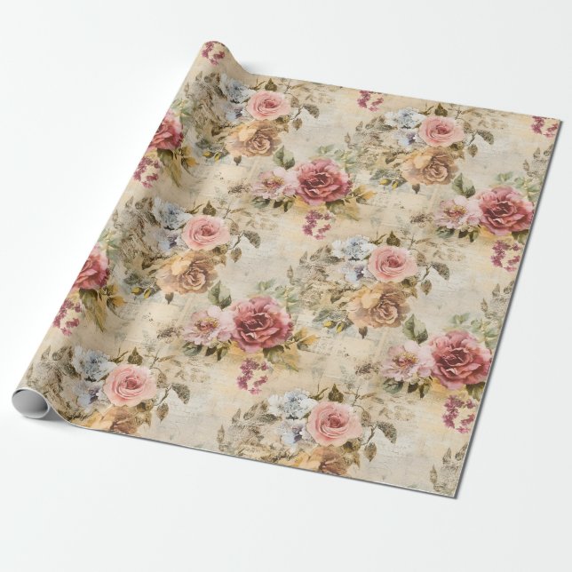 Shabby Chic Floral auf Beige Geschenkpapier (Ungerollt)