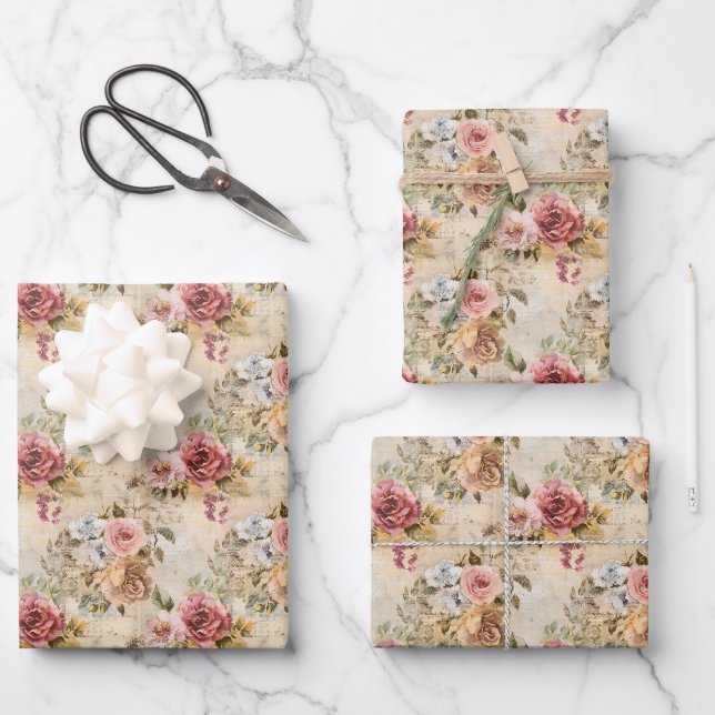 Shabby Chic Floral auf Beige Geschenkpapier Set (Vorderseite)