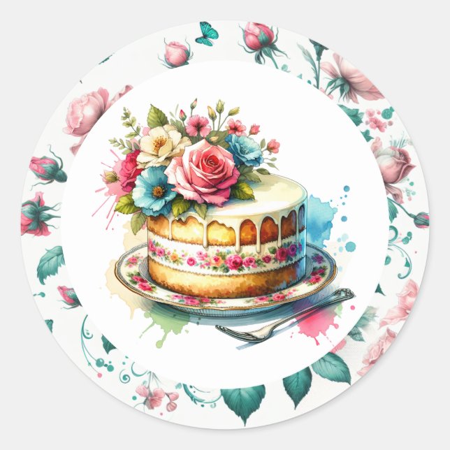 Shabby Chic Floral Birthday Cake Runder Aufkleber (Vorderseite)