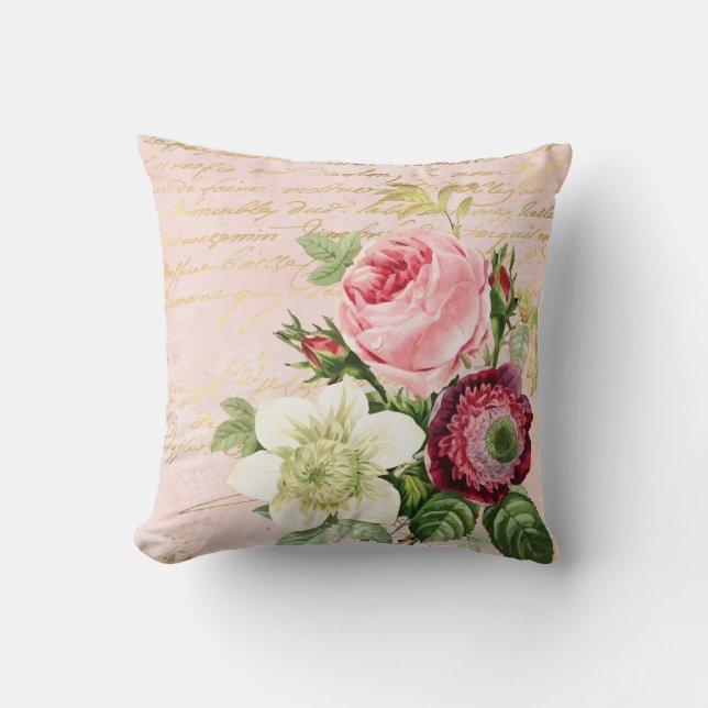 Shabby Chic Floral Gold Script in Blush Kissen (Vorderseite)