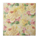 Shabby Chic Floral Tile Fliese<br><div class="desc">Hellgelbe Rosen und rosa Gänse schmücken dieses fröhliche Muster! Weiche Pastelltöne auf leicht bedrücktem Leinenhintergrund.</div>