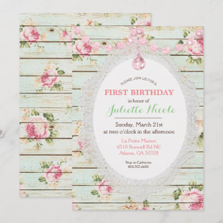 Shabby Chic Floral Wood Erster Geburtstag Einladun Einladung