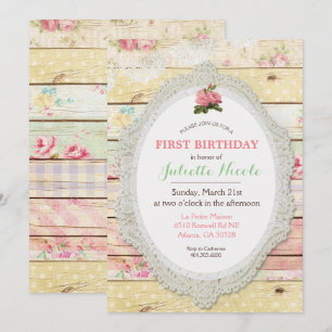 Shabby Chic Florale Holz-Einladung zum ersten Gebu Einladung