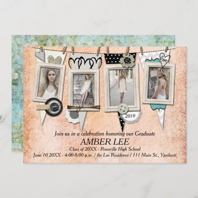 Shabby Chic-Foto-Abschluss-Party Einladung (Vorne/Hinten)