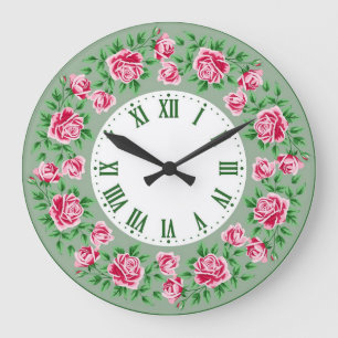 Shabby Chic Französische Vintage Grün Rote Rosen Große Wanduhr